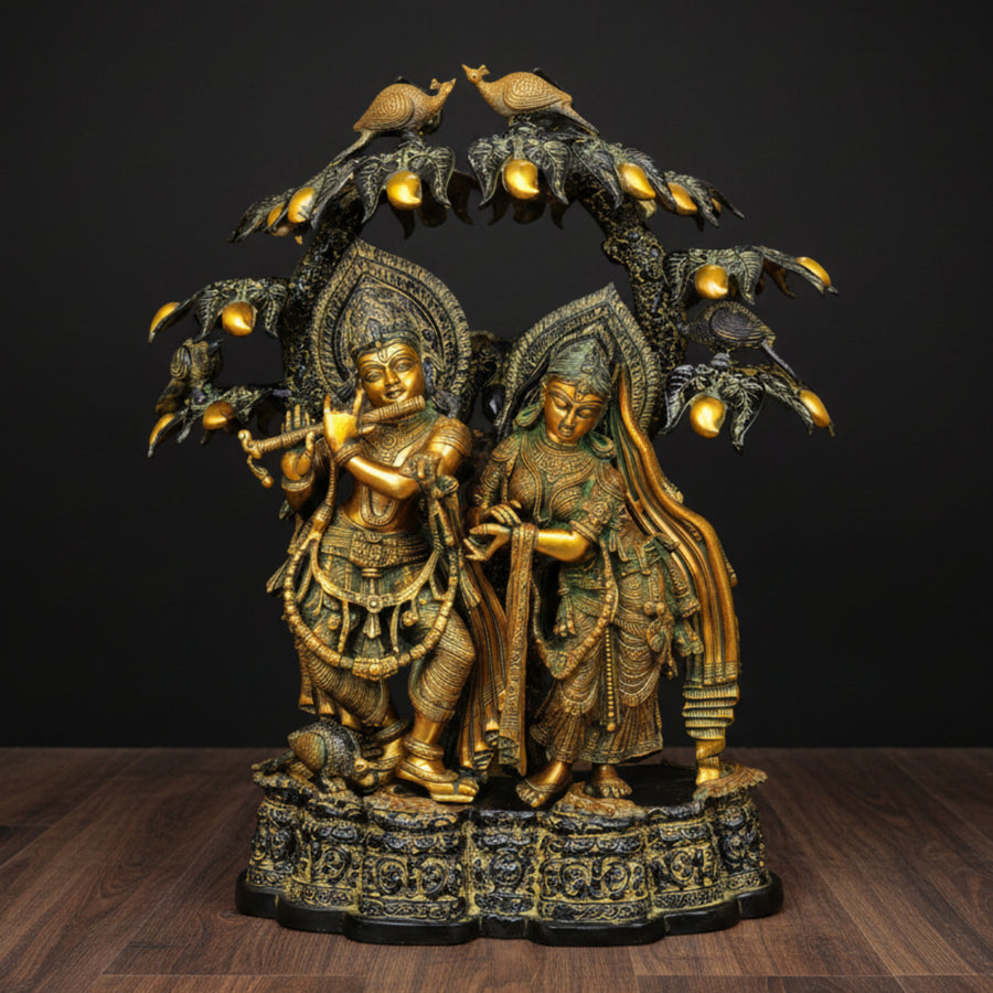 Brass Large Radha Krishna Idol Under the Kadamba Tree Antique Finish 30 Inch 251400