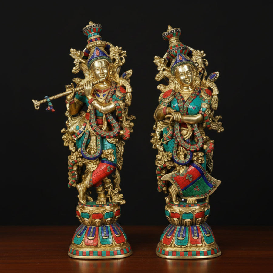 Brass Large Radha Krishna Statue Stone Work For Home Decor 29 Inch 460067