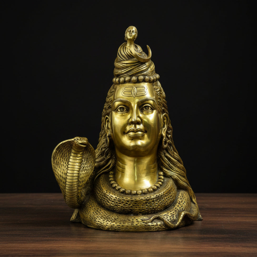 Brass Large Shiva Head with Crescent Moon and Maa Ganga 27 Inch 114700
