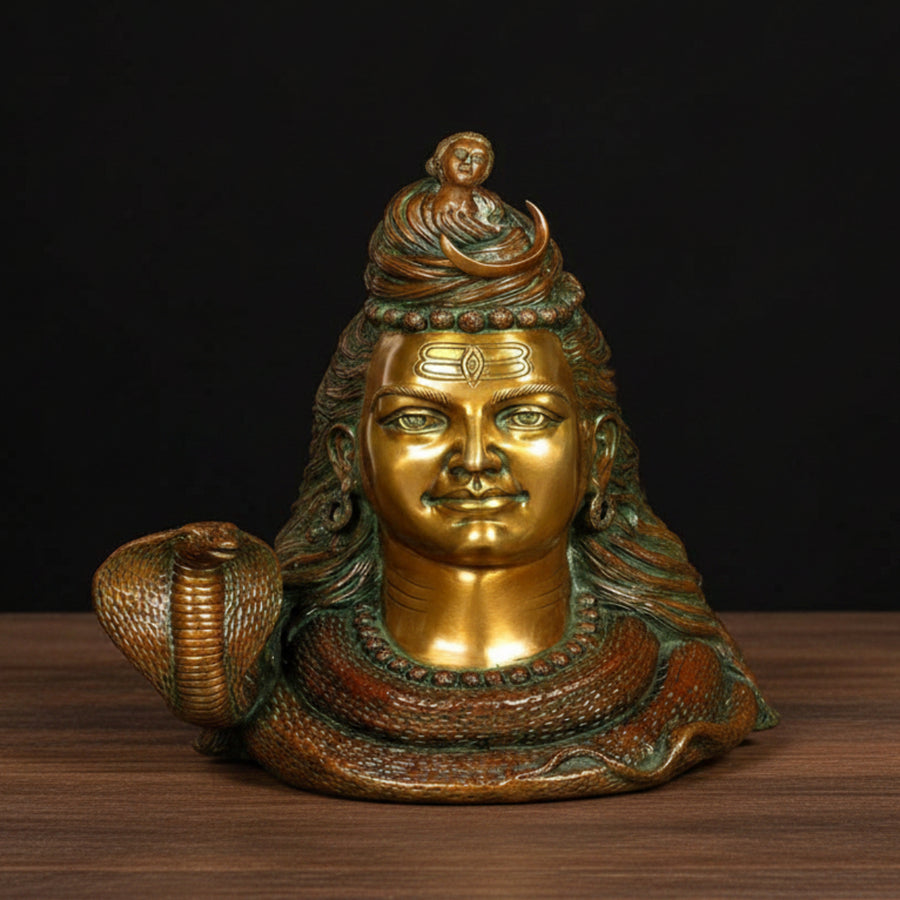 Brass Large Shiva Head with Crescent Moon and River Ganga 27 Inch 111700