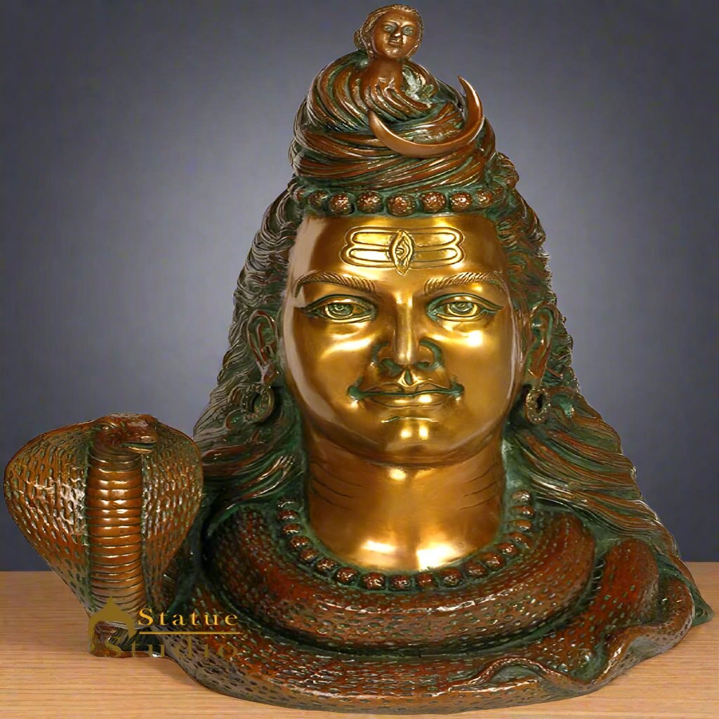 Brass Large Size Shiva Head with Crescent Moon and River Ganga 27