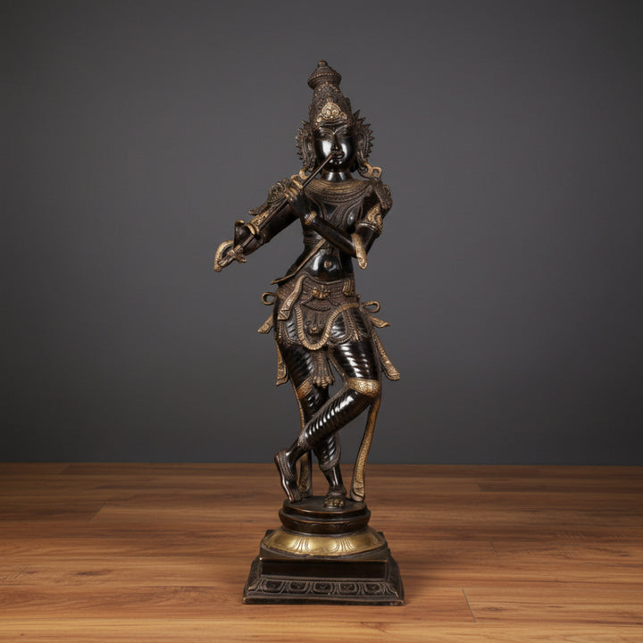 Brass Large Tribhangi Krishna Idol Antique Black For Home Decor 3 Feet  112800