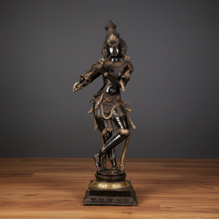 Brass Large Tribhangi Krishna Idol Antique Black For Home Decor 3 Feet  112800