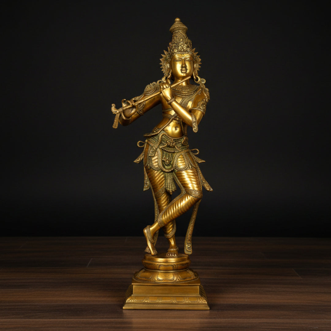 Brass Large Tribhangi Krishna Statue Antique Finish For Home Decor 3 Feet 110400
