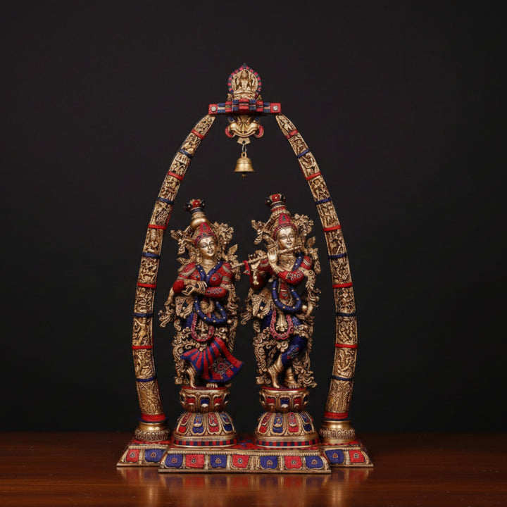 Brass Large Tusk Set Radha Krishna Idol Temple Stone Work Decor 4 Feet 451200