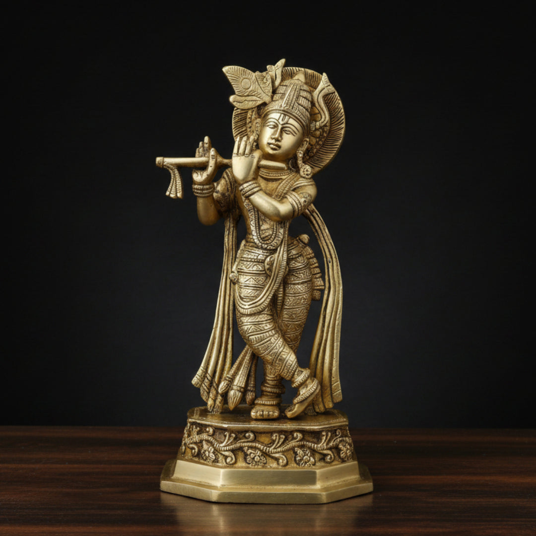 Brass Lord Krishna Standing with Cow Statue For Home Decor 10 Inch 86300