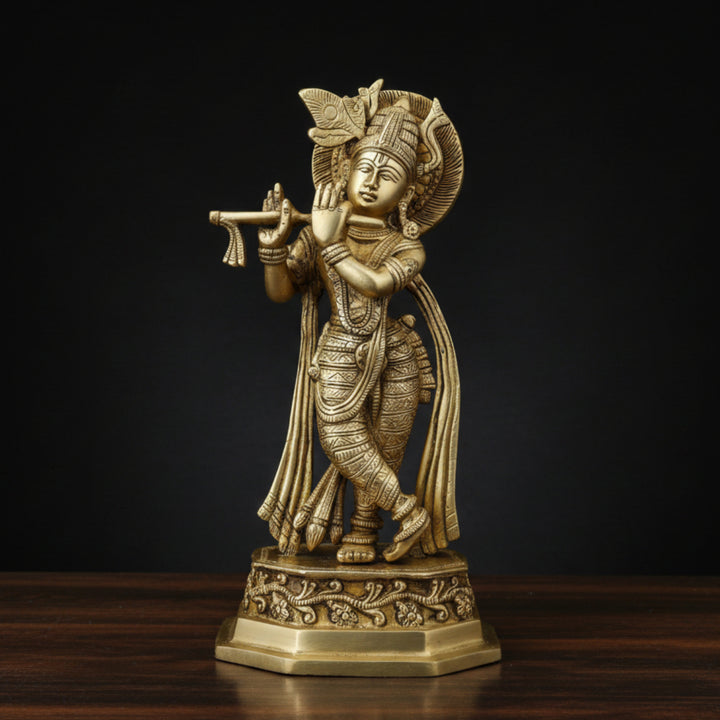 Brass Lord Krishna Standing with Cow Statue For Home Decor 10 Inch 86300