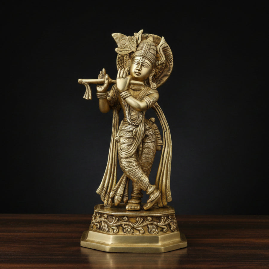 Brass Lord Krishna Standing with Cow Statue For Home Decor 10 Inch 86300