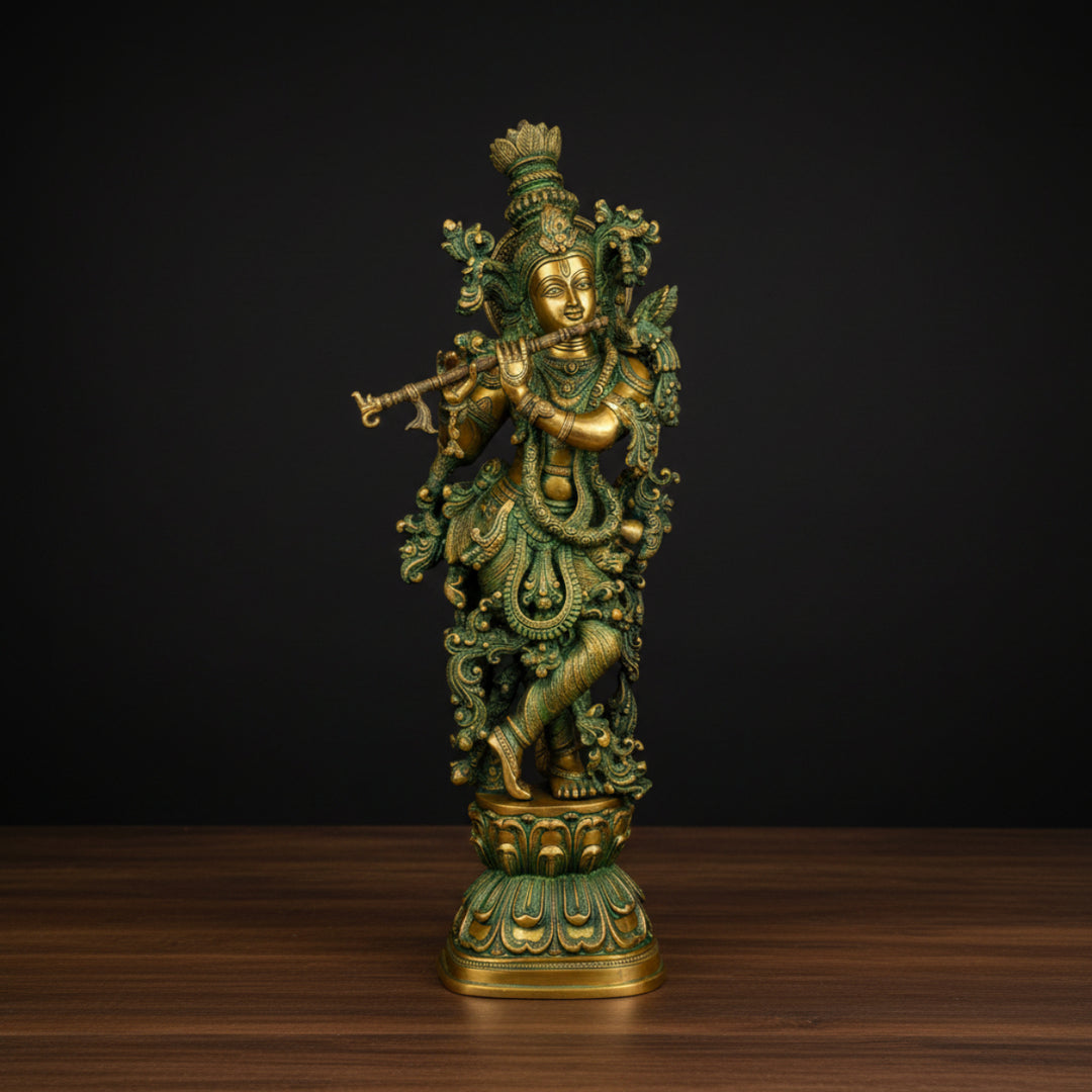 Brass Lord Krishna Statue Antique Finish Religious For Home Decor 29 Inch 459911