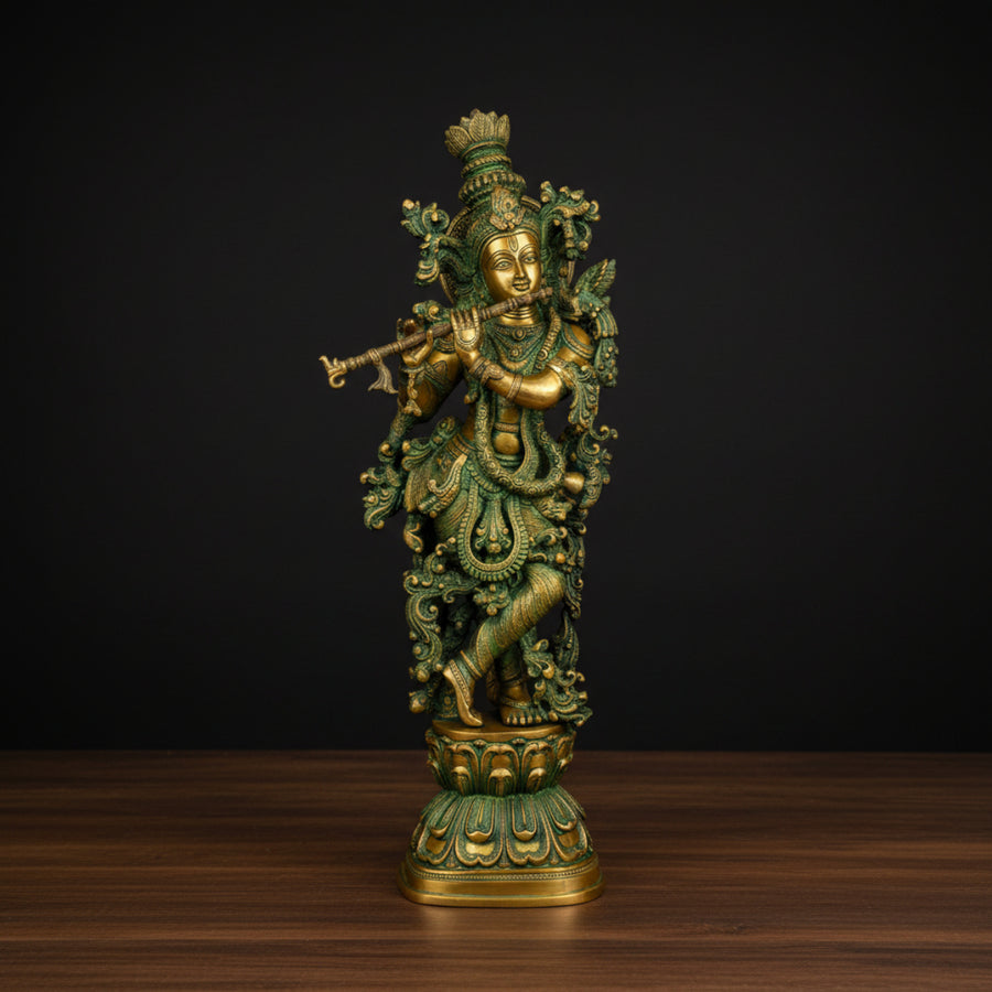 Brass Lord Krishna Statue Antique Finish Religious For Home Decor 29 Inch 459911