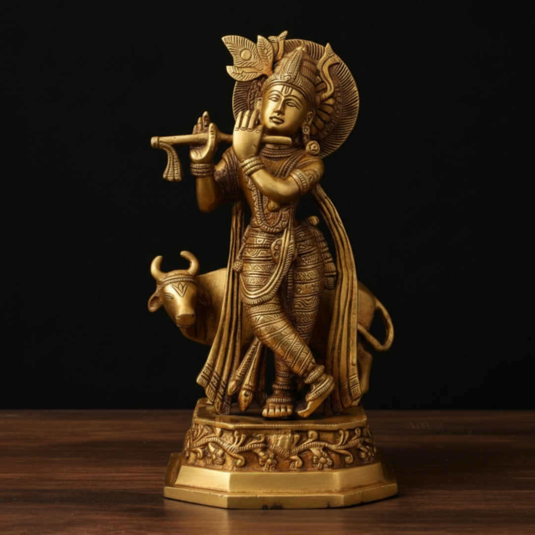 Brass Lord Krishna Statue with Cow Antique Finish For Home Decor 10 Inch 66900