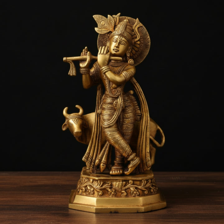 Brass Lord Krishna Statue with Cow Antique Finish For Home Decor 10 Inch 66900