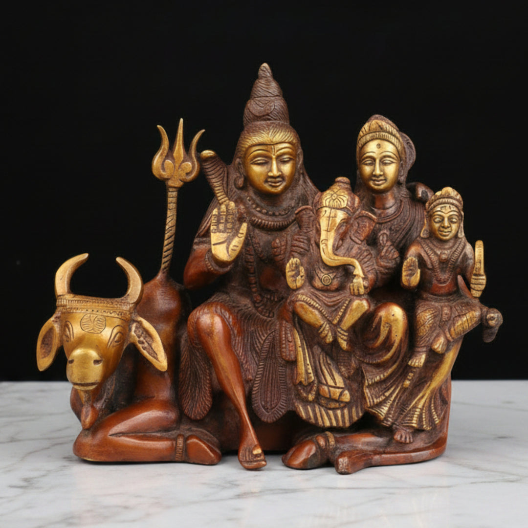 Brass Lord Shiva Parivar Sitting On Nandi Copper Patina Finish 8 Inch 392000