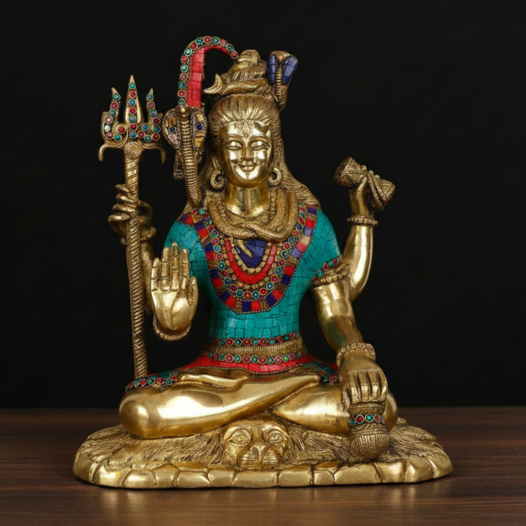 Brass Lord Shiva Statue Fine Stone Work Home Temple Decor 15 Inch 460072