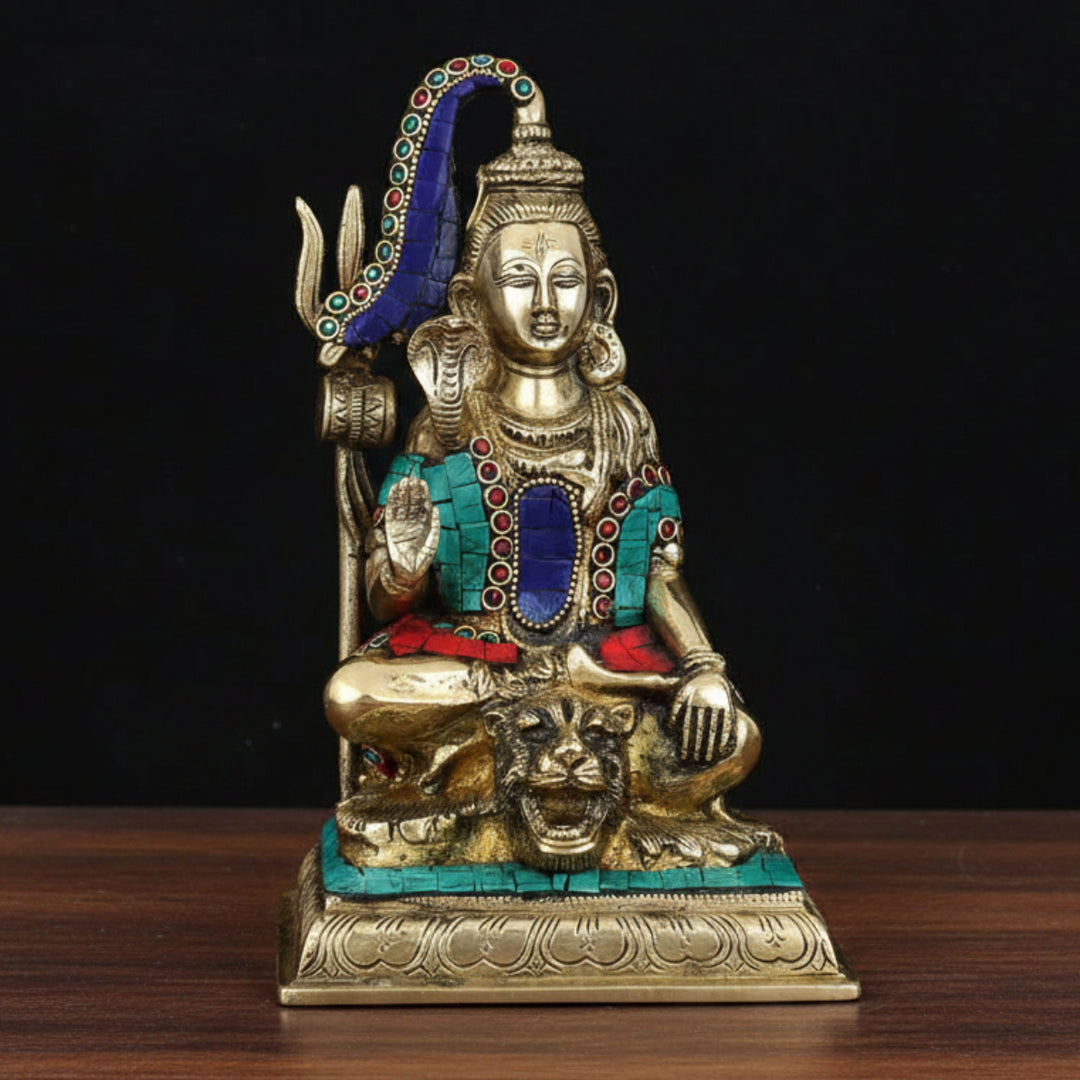 Brass Lord Shiva Statue With Stone Work For Home Decor 9 Inch 401400