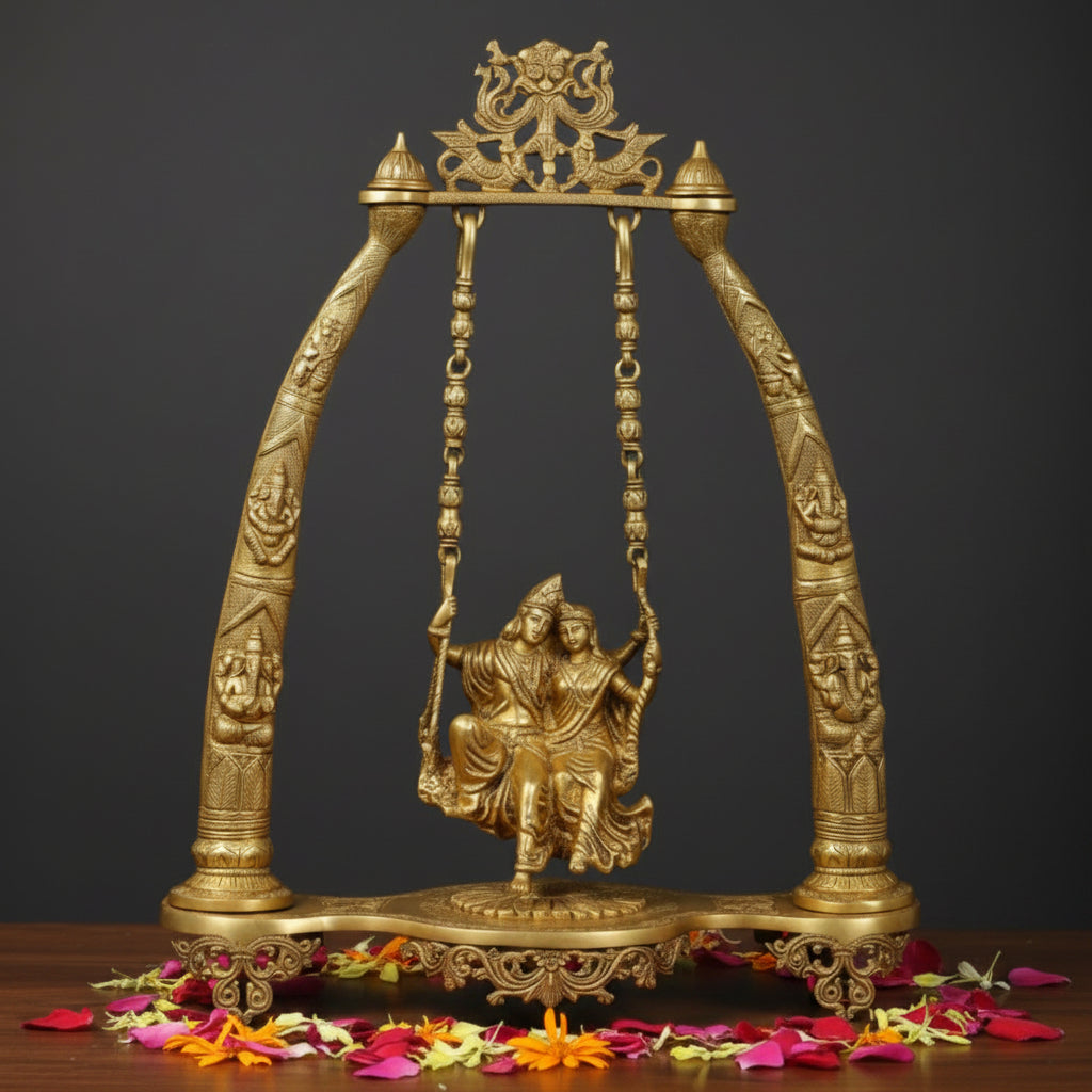 Brass Radha Krishna Idol On Large Swing For Home Decor Showpiece 34 Inch 461132