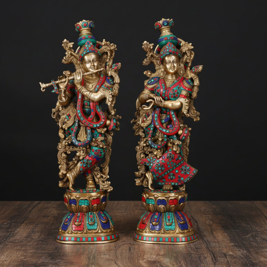 Brass Radha Krishna Idol Stone Work For Home Office Decor 29 Inch 461115