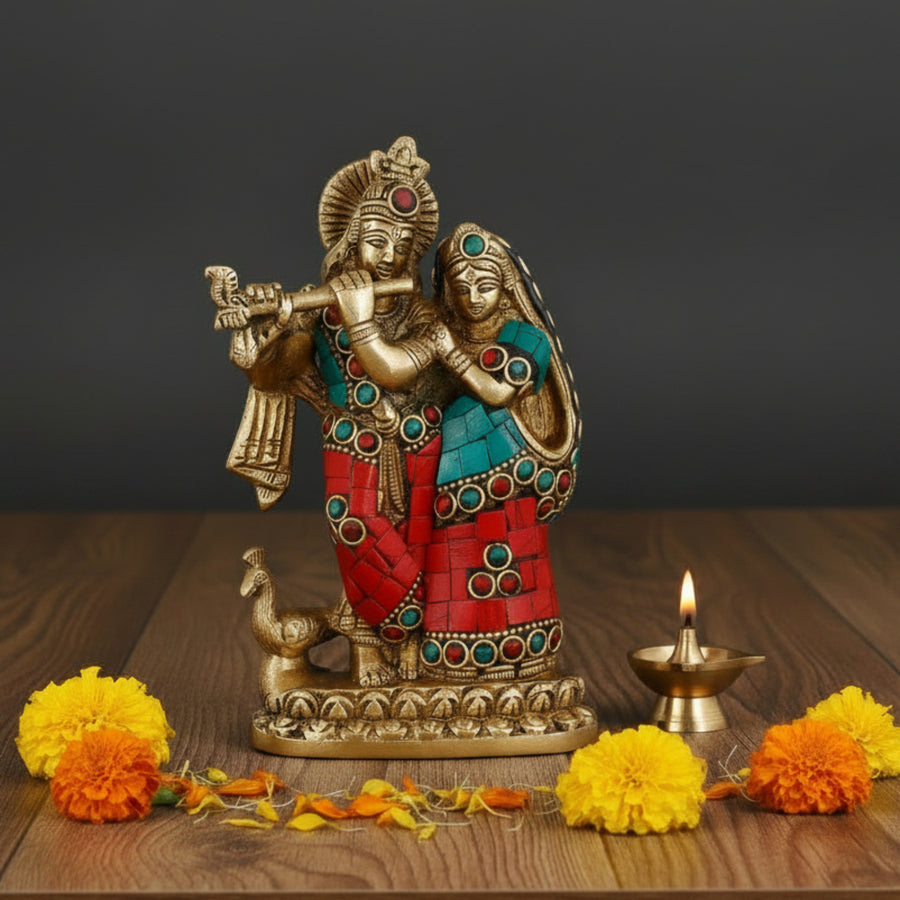 Brass Radha Krishna Idol Stone Work For Home Office Decor Gifting 5 Inch 460092