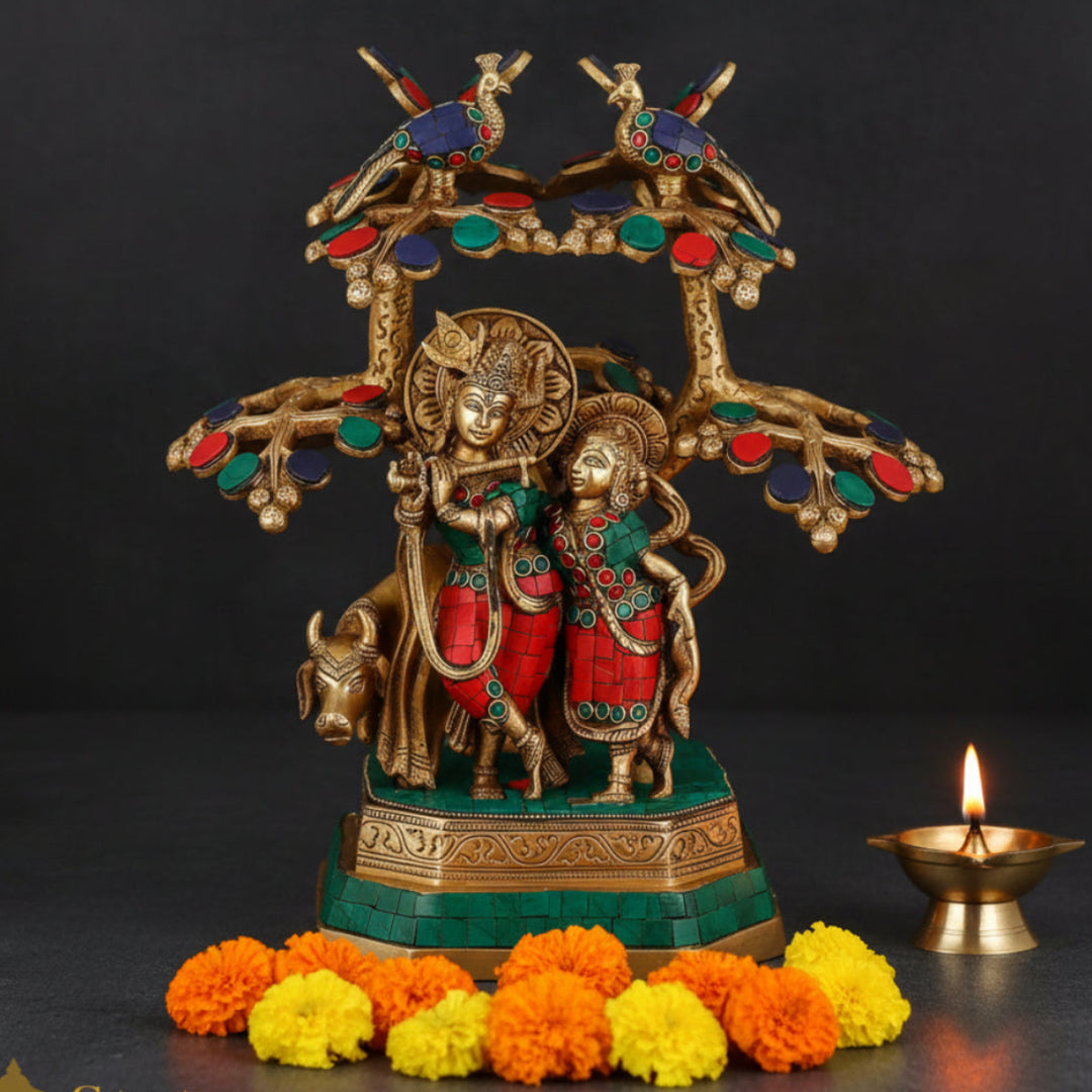 Brass Radha Krishna Idol With Cow Under Tree For Home Decor 12 Inch 461116