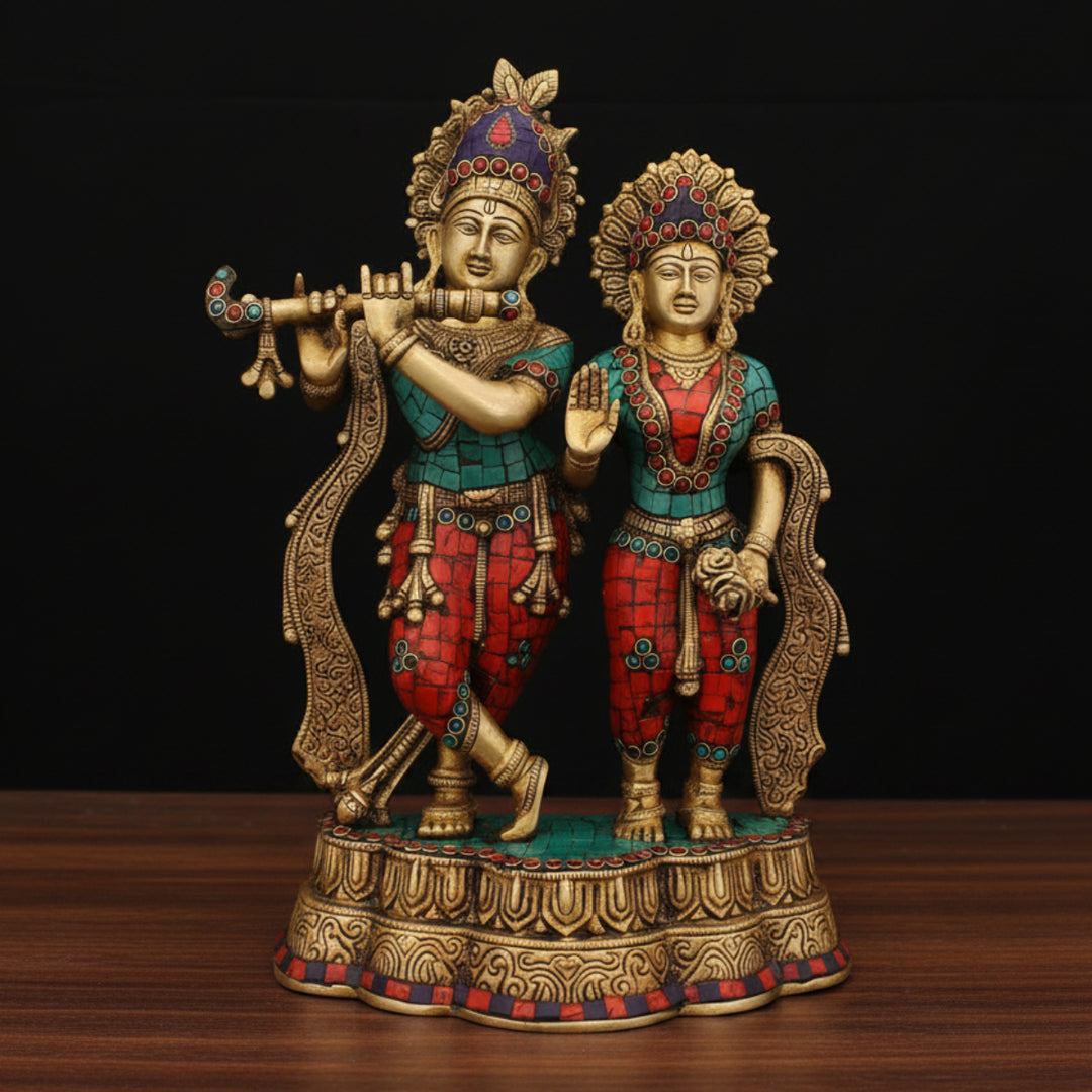 Brass Radha Krishna Statue Stone Work For Home Decor 15 Inch 62400