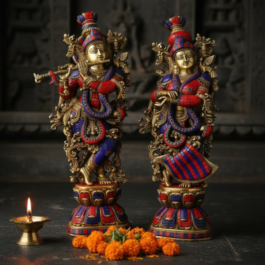 Brass Radha Krishna Statue Stone Work For Home Decor 29 Inch 92600