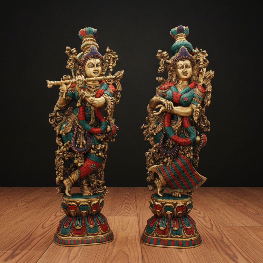Brass Radha Krishna Statue Stone Work Religious For Home Decor 29 Inch 64800
