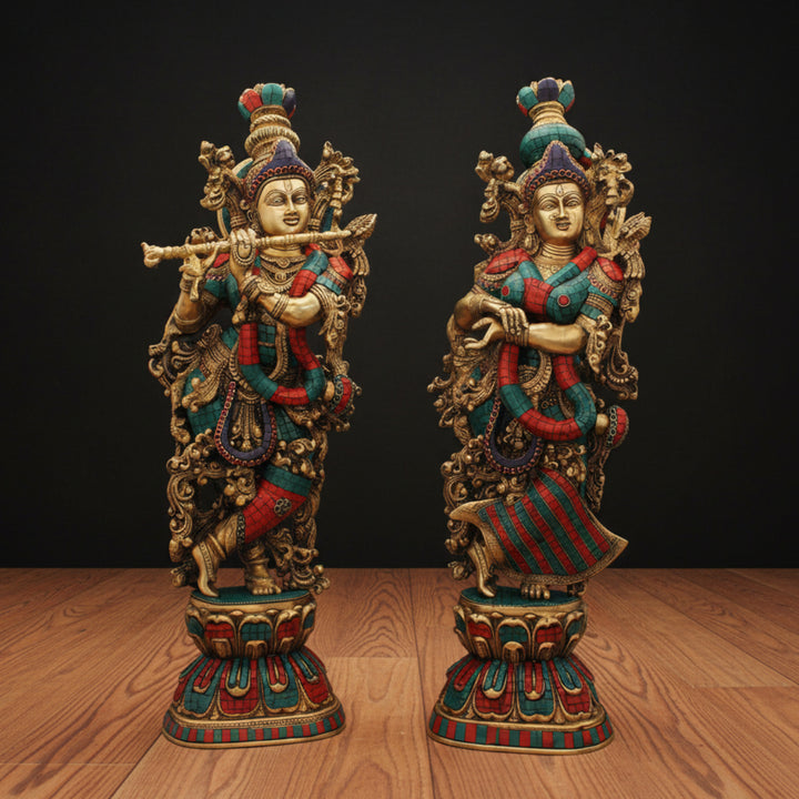 Brass Radha Krishna Statue Stone Work Religious For Home Decor 29 Inch 64800