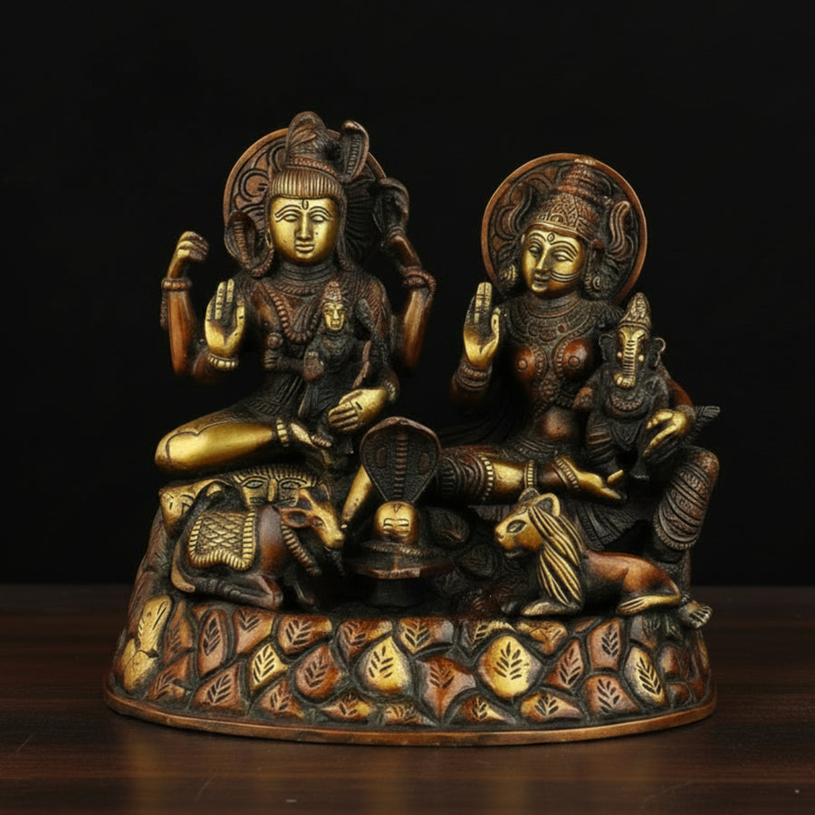 Brass Shiva Family Idol Copper Patina Finish For Home Decor 8 Inch 44300