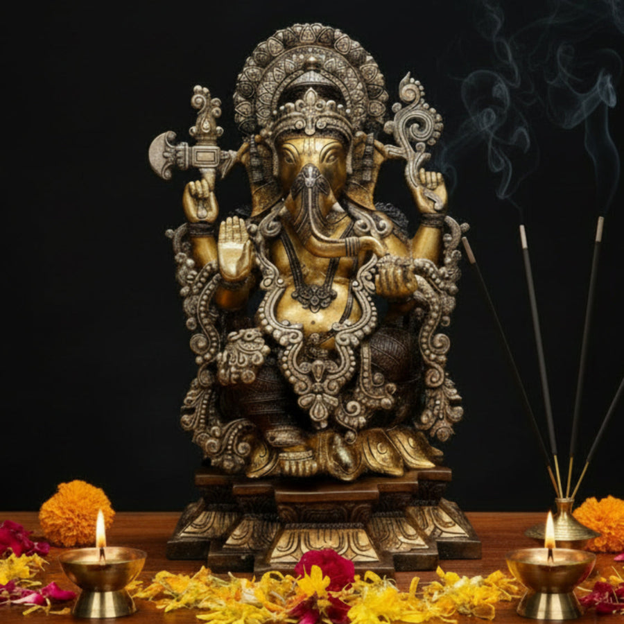 Brass Sitting Chaturbhuja Lord Ganesha Religious Sculpture 19 Inch 17200