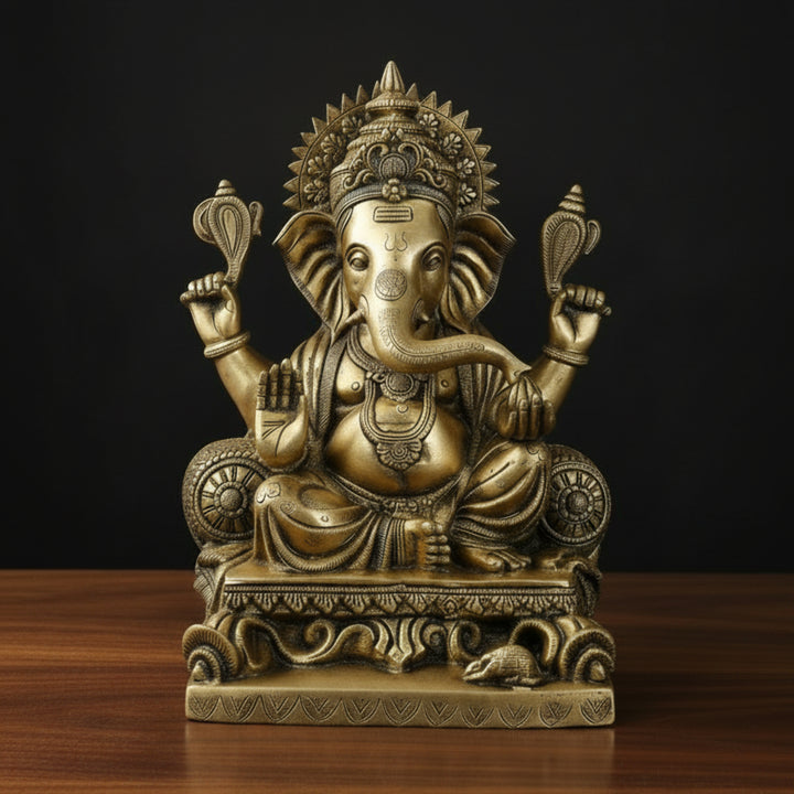 Brass Sitting Ganesha Idol Antique Finish For Home Temple Decor 1.5 Feet 461226