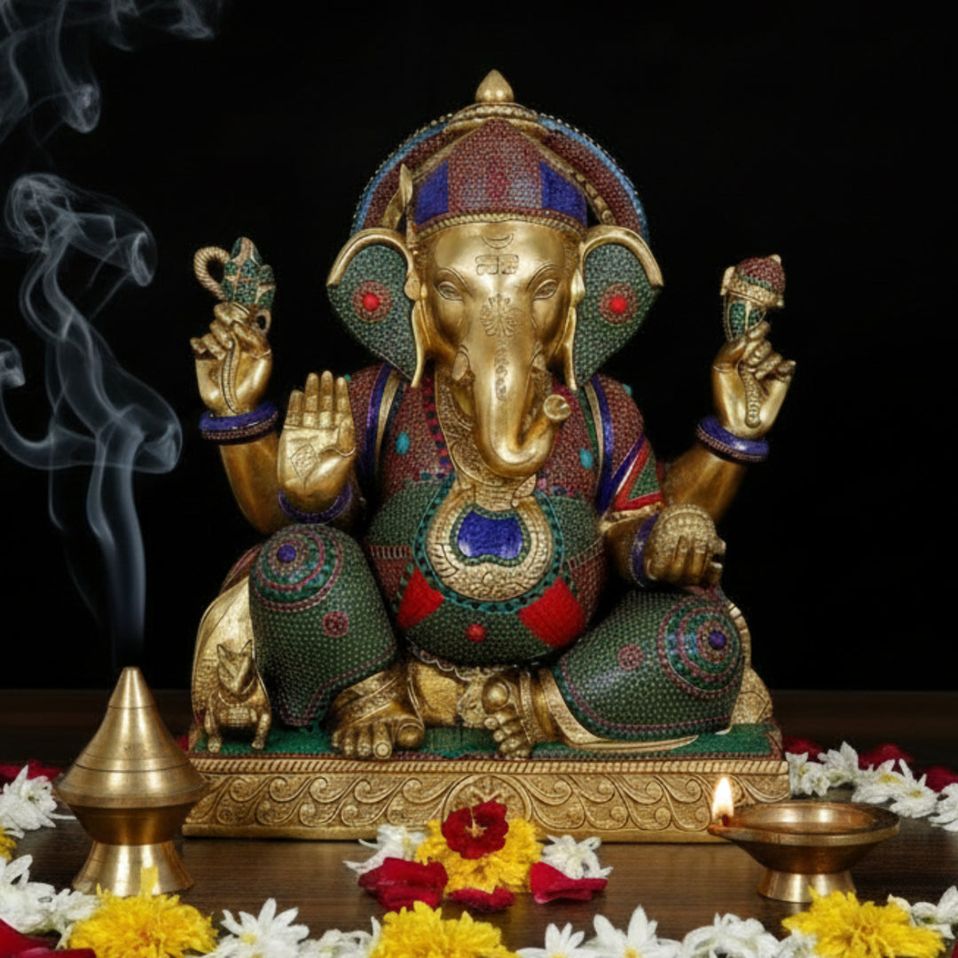 Brass Sitting Ganesha Idol With Stone Work For Home Office Decor 2.5 Feet 461252
