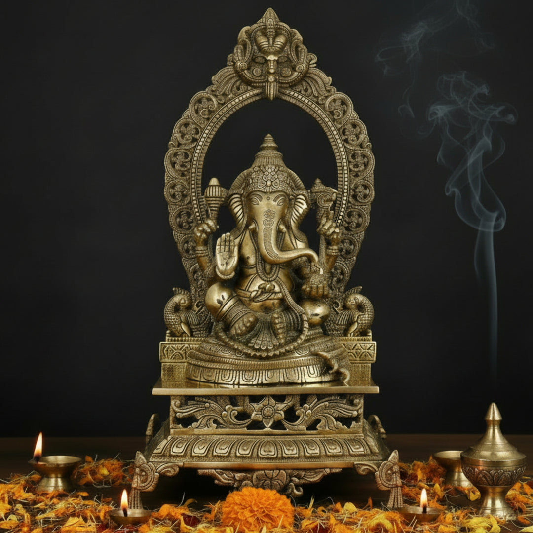 Brass Sitting Ganesha Statue With Prabhavali Throne For Home Decor 21 Inch 461250