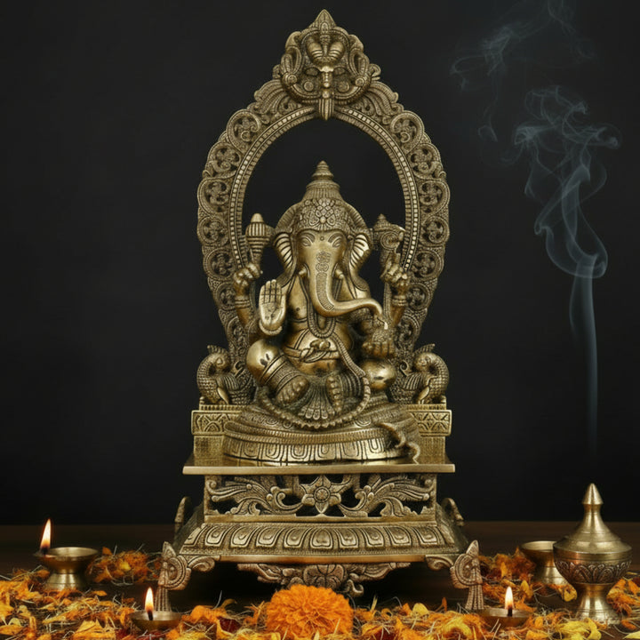 Brass Sitting Ganesha Statue With Prabhavali Throne For Home Decor 21 Inch 461250