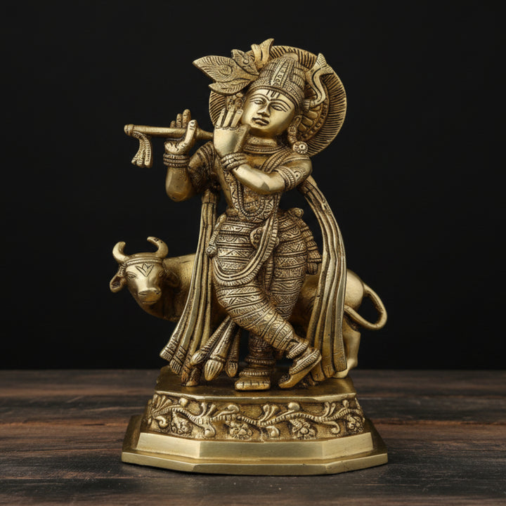 Brass Standing Krishna Idol With Cow For Home Decor 10 Inch 86700