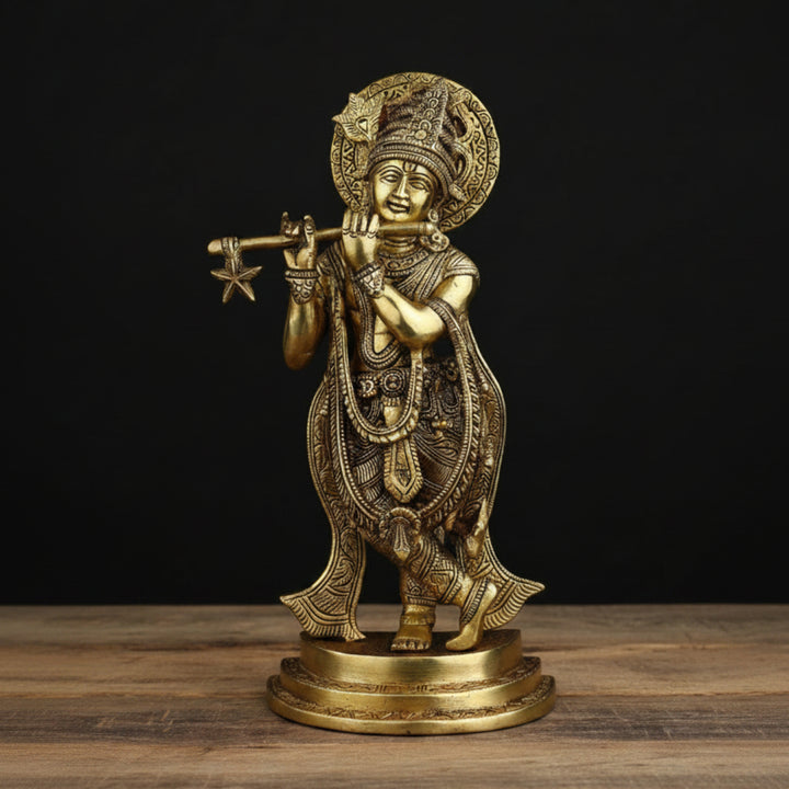 Brass Standing Krishna Idol with Flute For Home Decor 11 Inch 45600