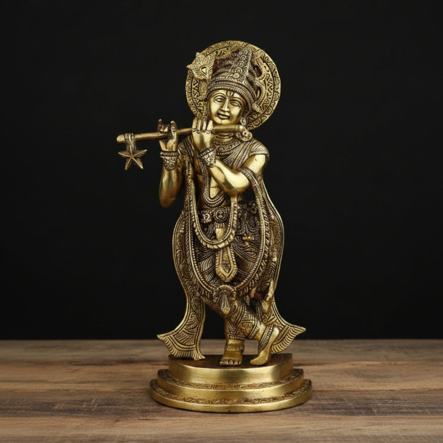 Brass Standing Krishna Idol with Flute For Home Decor 11 Inch 45600