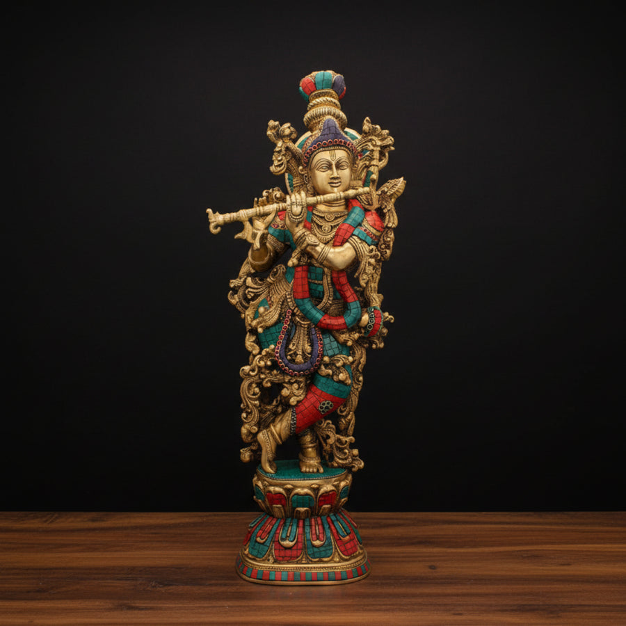 Brass Standing Lord Krishna Idol Stone Work For Home Deocr 29 Inch 64600