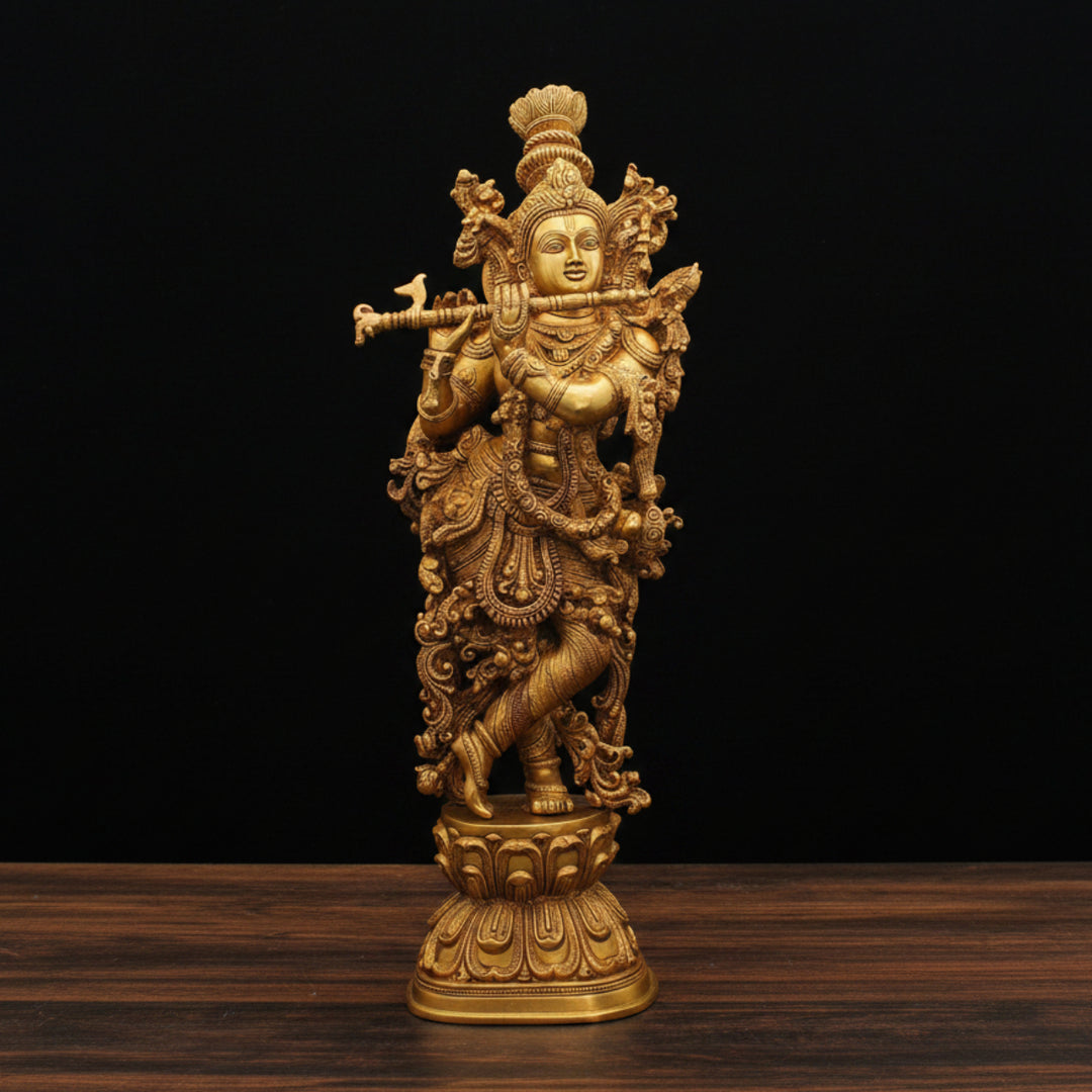 Brass Standing Lord Krishna Statue Golden Finish For Home Deocr 29 Inch 65500