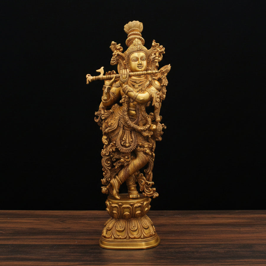 Brass Standing Lord Krishna Statue Golden Finish For Home Deocr 29 Inch 65500