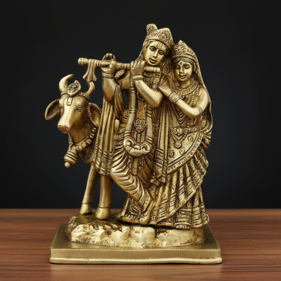 Brass Standing Radha Krishna Idol With Cow For Home Decor 7 Inch 82800