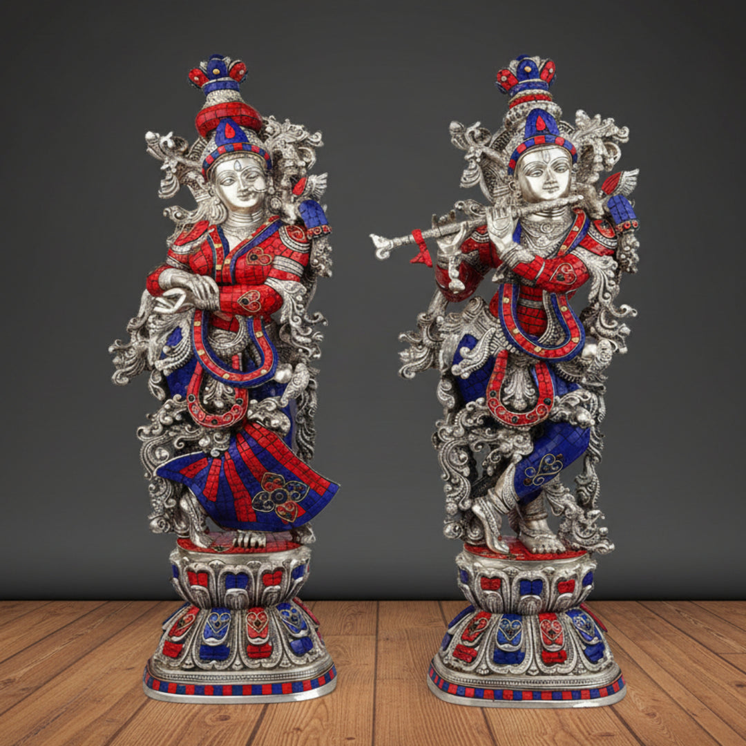 Brass Standing Radha Krishna Statue Stone Work Showpiece 29 Inch 447300
