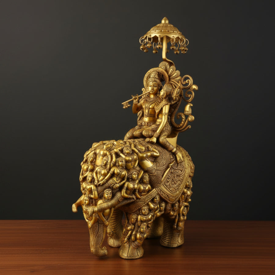 Vintage Brass Radha Krishna Idol Sitting On Elephant Masterpiece Home Decor 20 Inch 447600