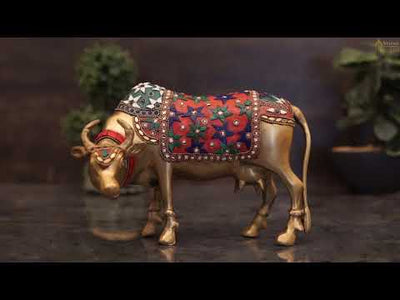 Brass Holy Cow Idol Home Temple Pooja Room Décor Diwali Wedding Gift Statue 7"