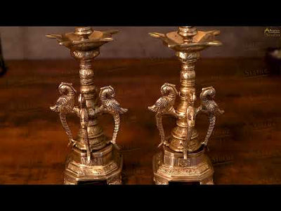 South Indian Style Brass Bird Oil Diya Lamp Pair Stand Diwali Gifting Décor 13"