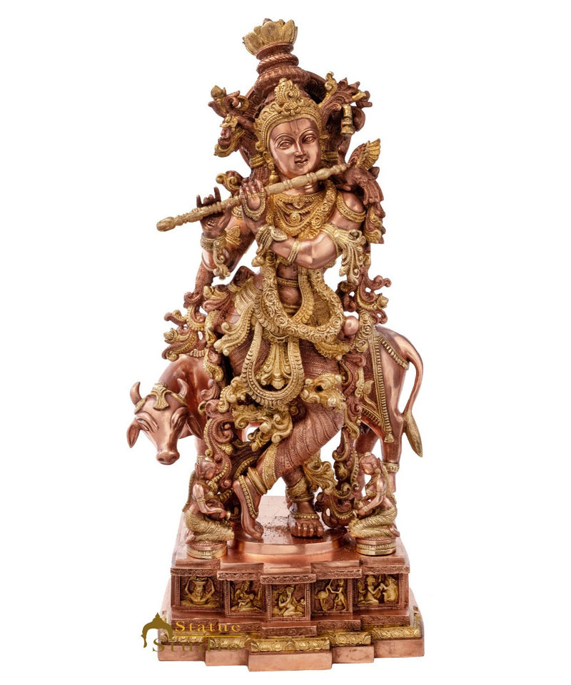 Brass Large Krishna Statue With Cow Home Office Garden Décor Gift Idol 28"